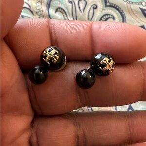 Tory Burch Evie Double Stud Earrings featuring black glass pearls and gold